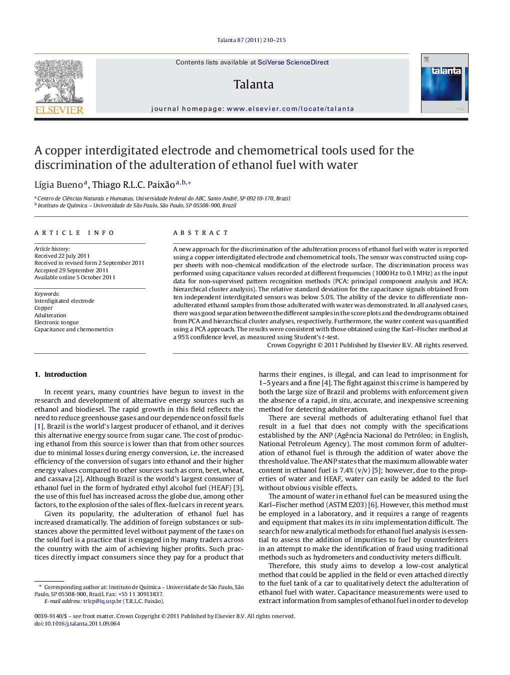 A copper interdigitated electrode and chemometrical tools used for the discrimination of the adulteration of ethanol fuel with water