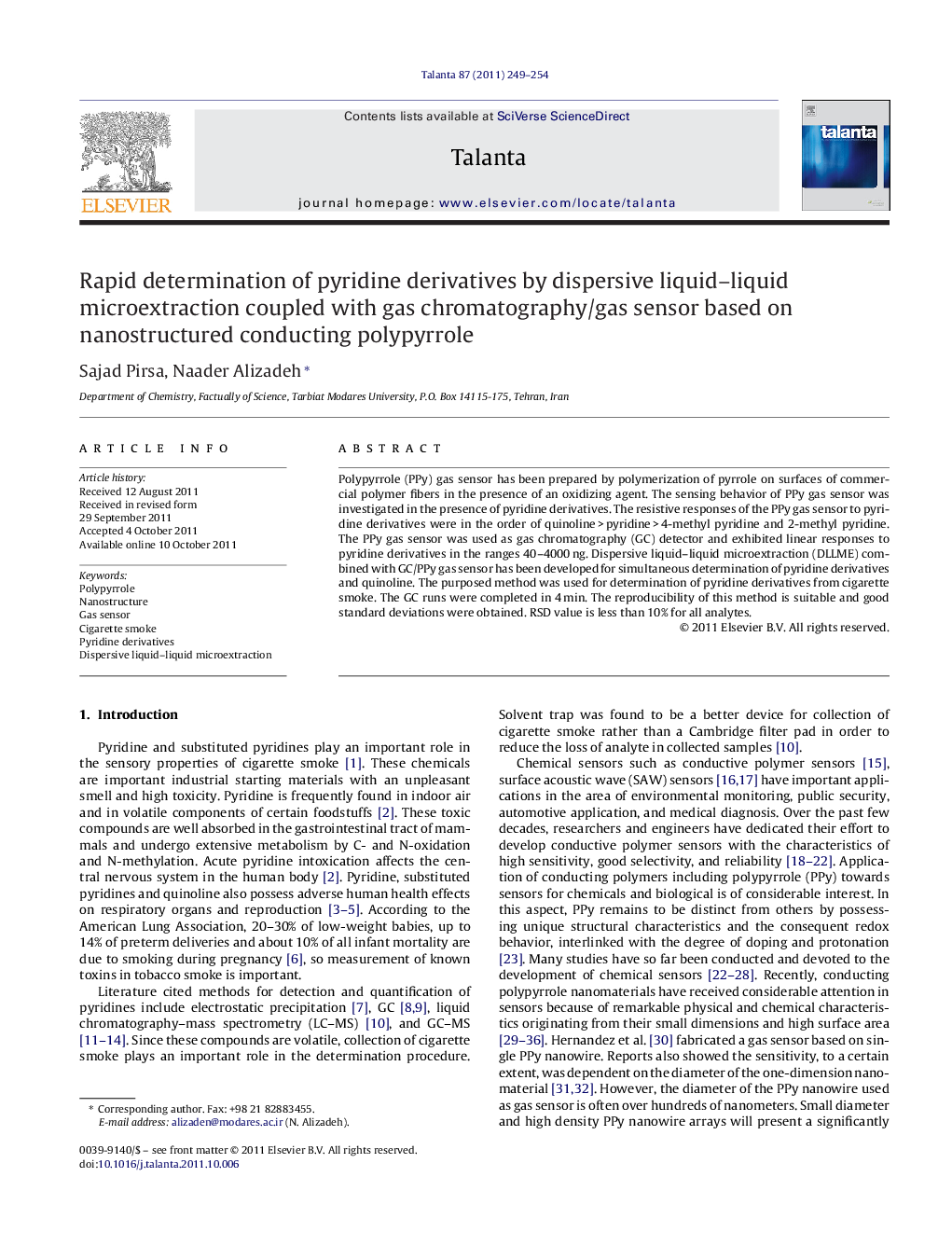 Rapid determination of pyridine derivatives by dispersive liquid-liquid microextraction coupled with gas chromatography/gas sensor based on nanostructured conducting polypyrrole