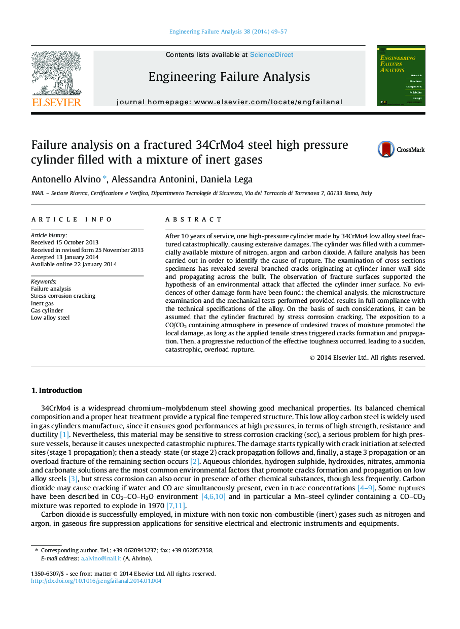 Failure analysis on a fractured 34CrMo4 steel high pressure cylinder filled with a mixture of inert gases