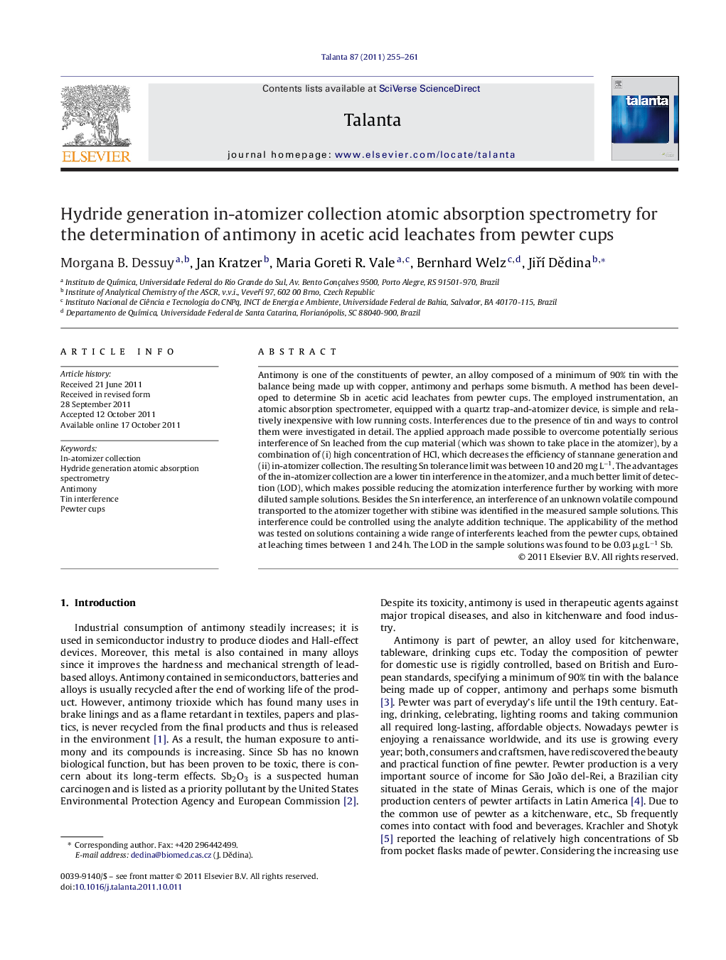 Hydride generation in-atomizer collection atomic absorption spectrometry for the determination of antimony in acetic acid leachates from pewter cups