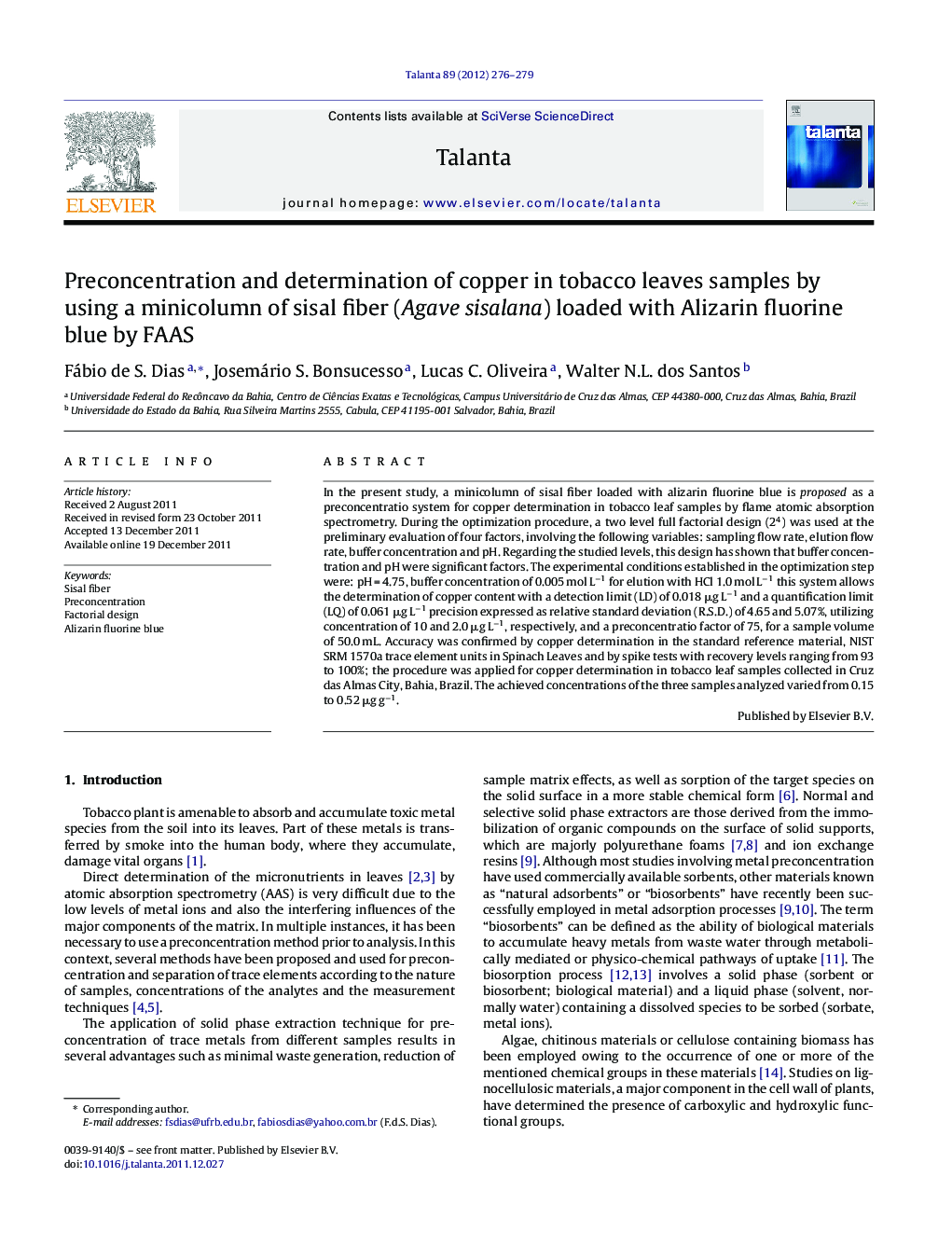 Preconcentration and determination of copper in tobacco leaves samples by using a minicolumn of sisal fiber (Agave sisalana) loaded with Alizarin fluorine blue by FAAS