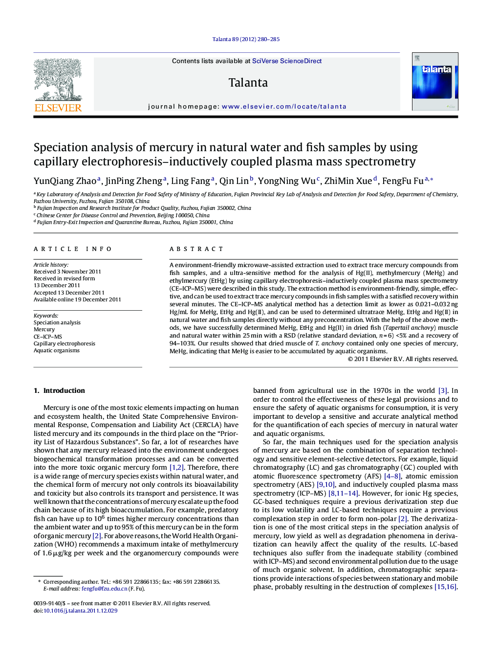 Speciation analysis of mercury in natural water and fish samples by using capillary electrophoresis-inductively coupled plasma mass spectrometry