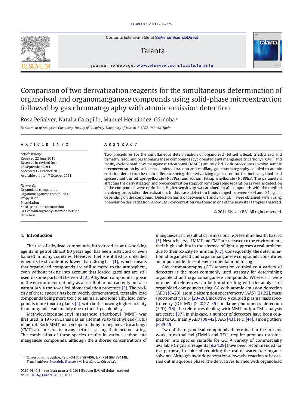 Comparison of two derivatization reagents for the simultaneous determination of organolead and organomanganese compounds using solid-phase microextraction followed by gas chromatography with atomic emission detection