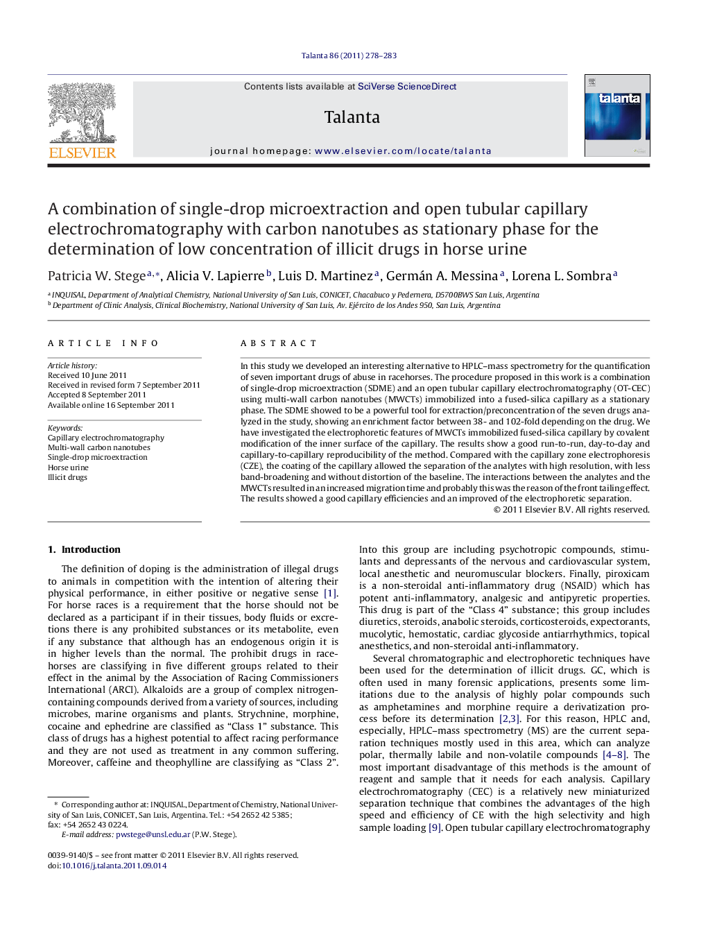 A combination of single-drop microextraction and open tubular capillary electrochromatography with carbon nanotubes as stationary phase for the determination of low concentration of illicit drugs in horse urine