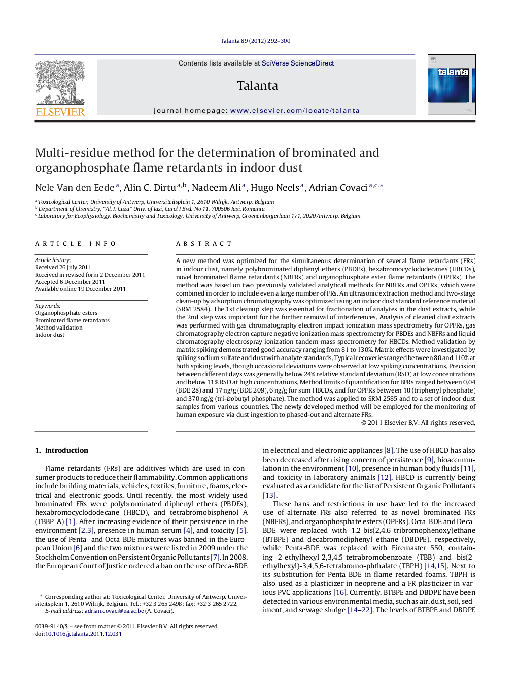 Multi-residue method for the determination of brominated and organophosphate flame retardants in indoor dust