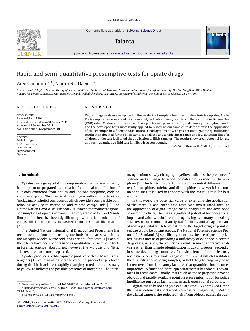 Rapid and semi-quantitative presumptive tests for opiate drugs