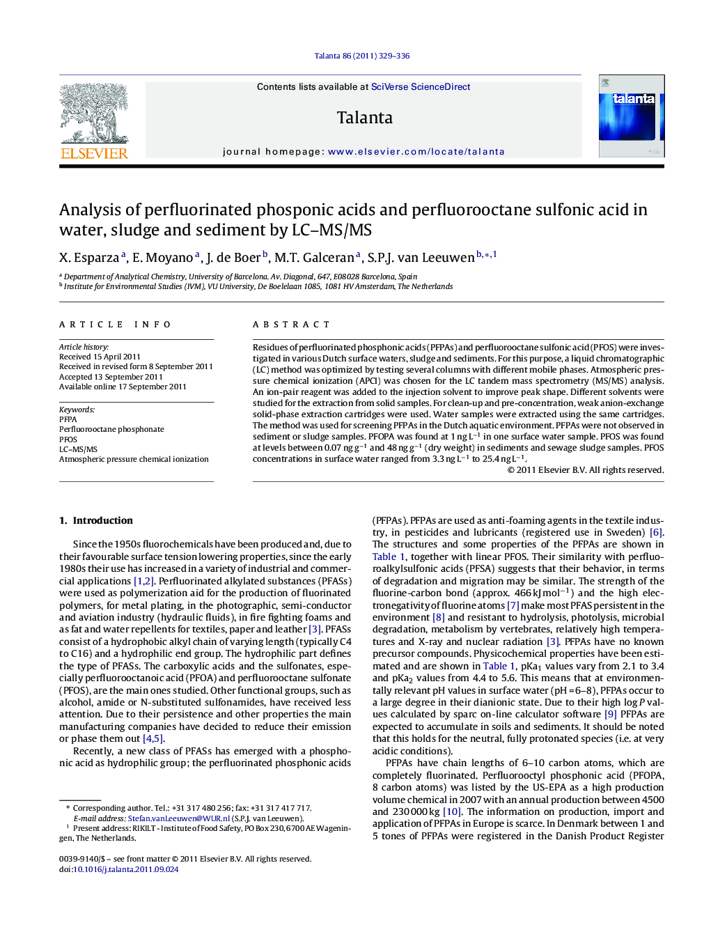 Analysis of perfluorinated phosponic acids and perfluorooctane sulfonic acid in water, sludge and sediment by LC-MS/MS