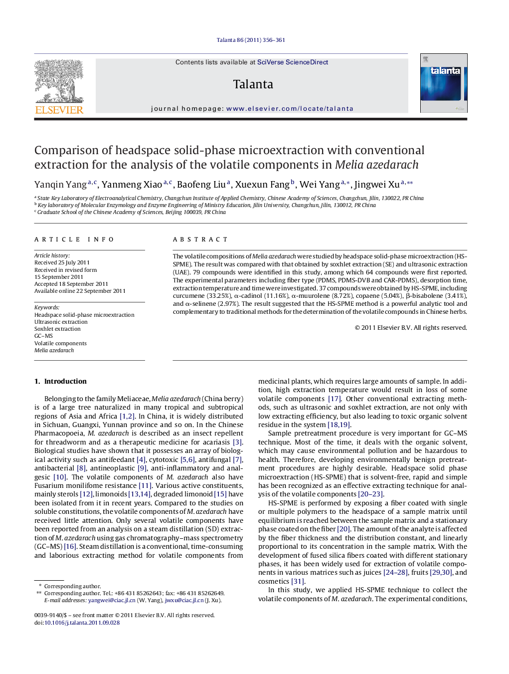 Comparison of headspace solid-phase microextraction with conventional extraction for the analysis of the volatile components in Melia azedarach