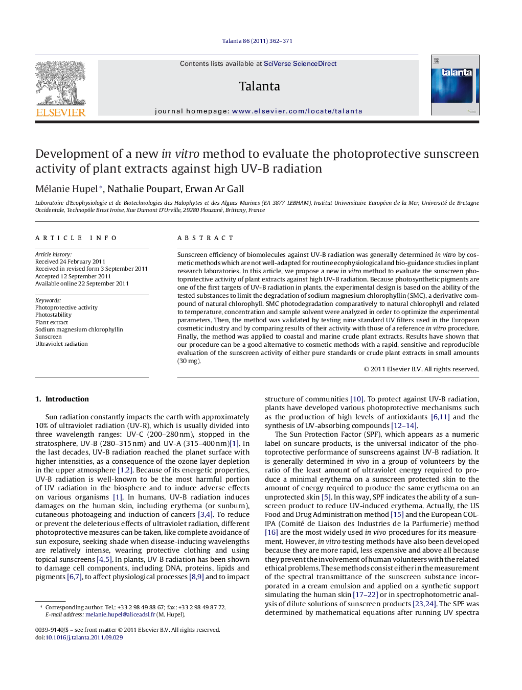 Development of a new in vitro method to evaluate the photoprotective sunscreen activity of plant extracts against high UV-B radiation