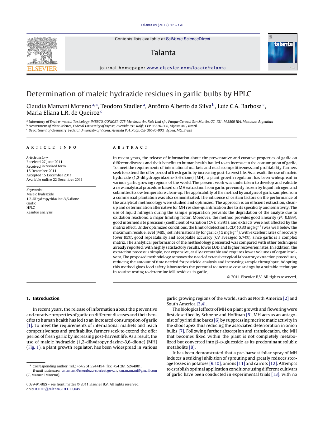 Determination of maleic hydrazide residues in garlic bulbs by HPLC