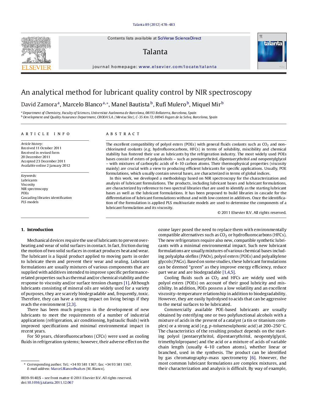 An analytical method for lubricant quality control by NIR spectroscopy