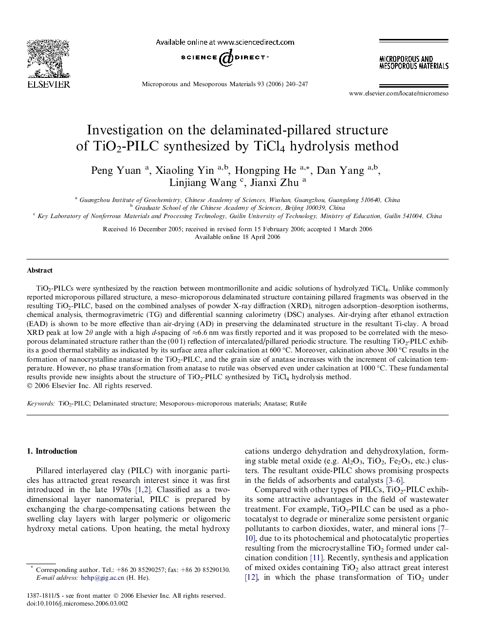 Investigation on the delaminated-pillared structure of TiO2-PILC synthesized by TiCl4 hydrolysis method