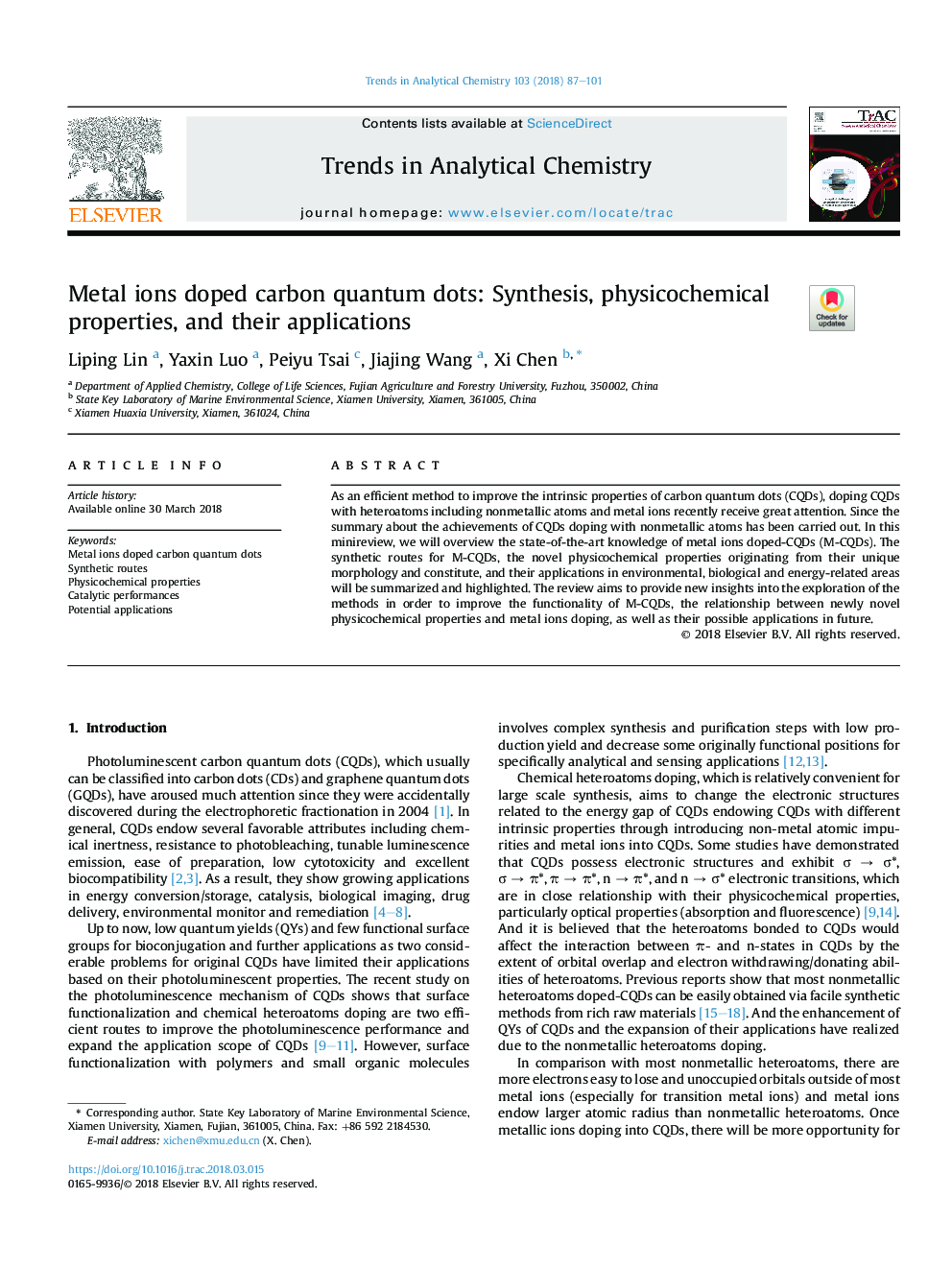 Metal ions doped carbon quantum dots: Synthesis, physicochemical properties, and their applications