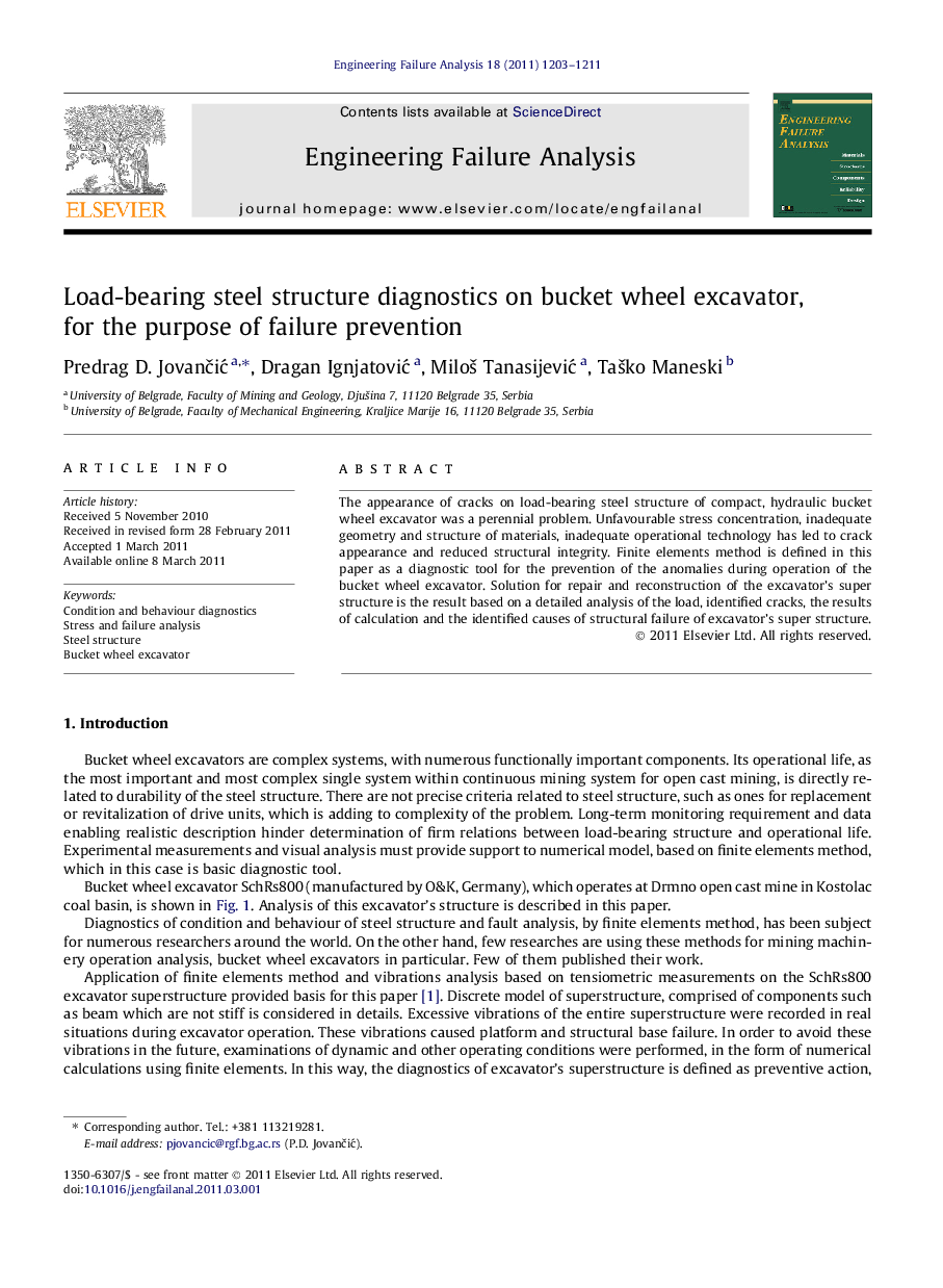 Load-bearing steel structure diagnostics on bucket wheel excavator, for the purpose of failure prevention