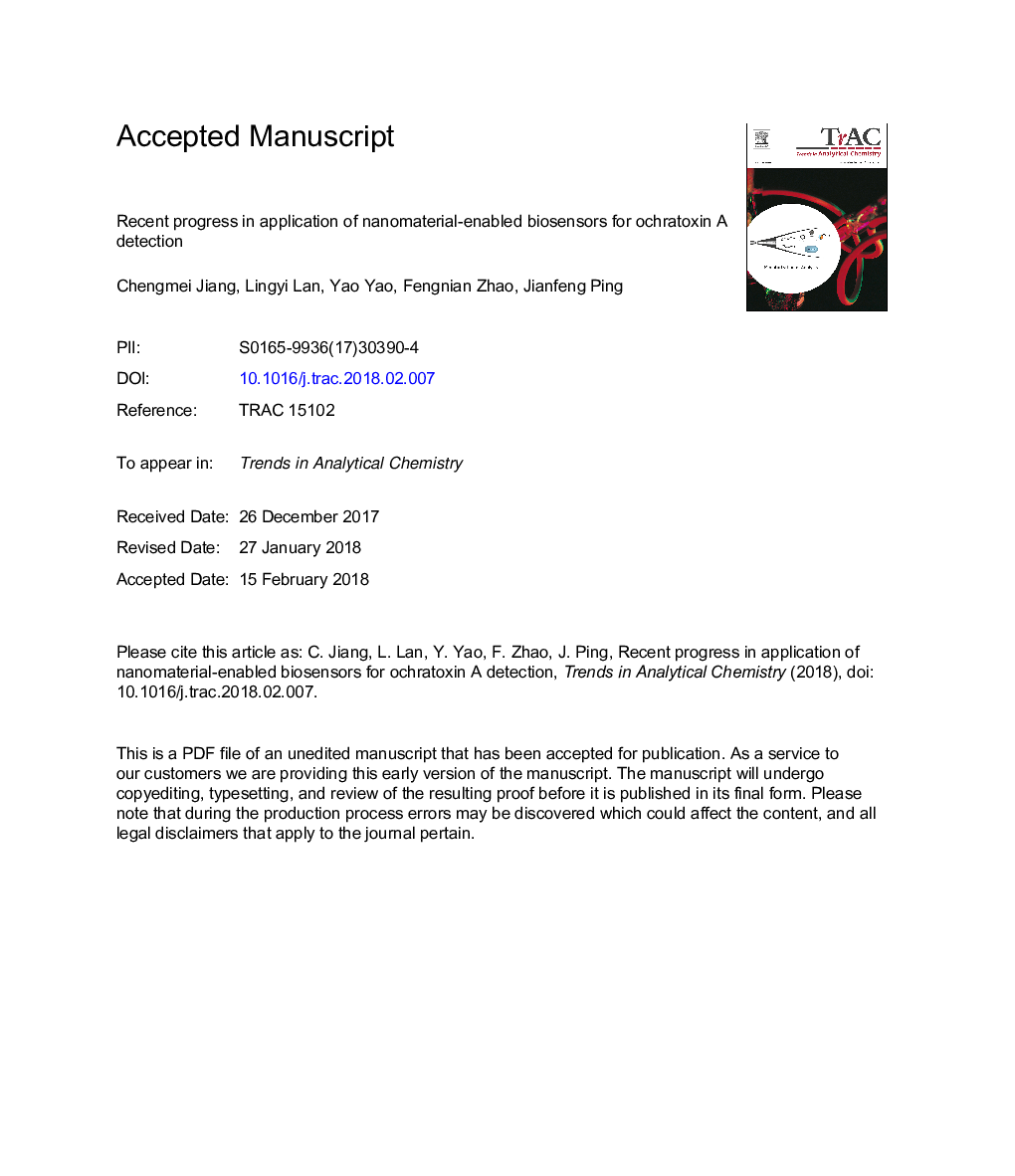 Recent progress in application of nanomaterial-enabled biosensors for ochratoxin A detection