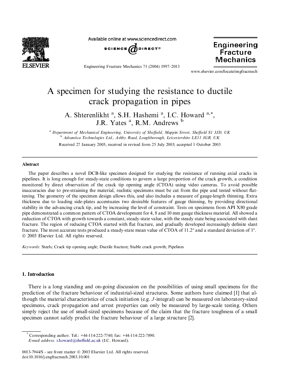 A specimen for studying the resistance to ductile crack propagation in pipes