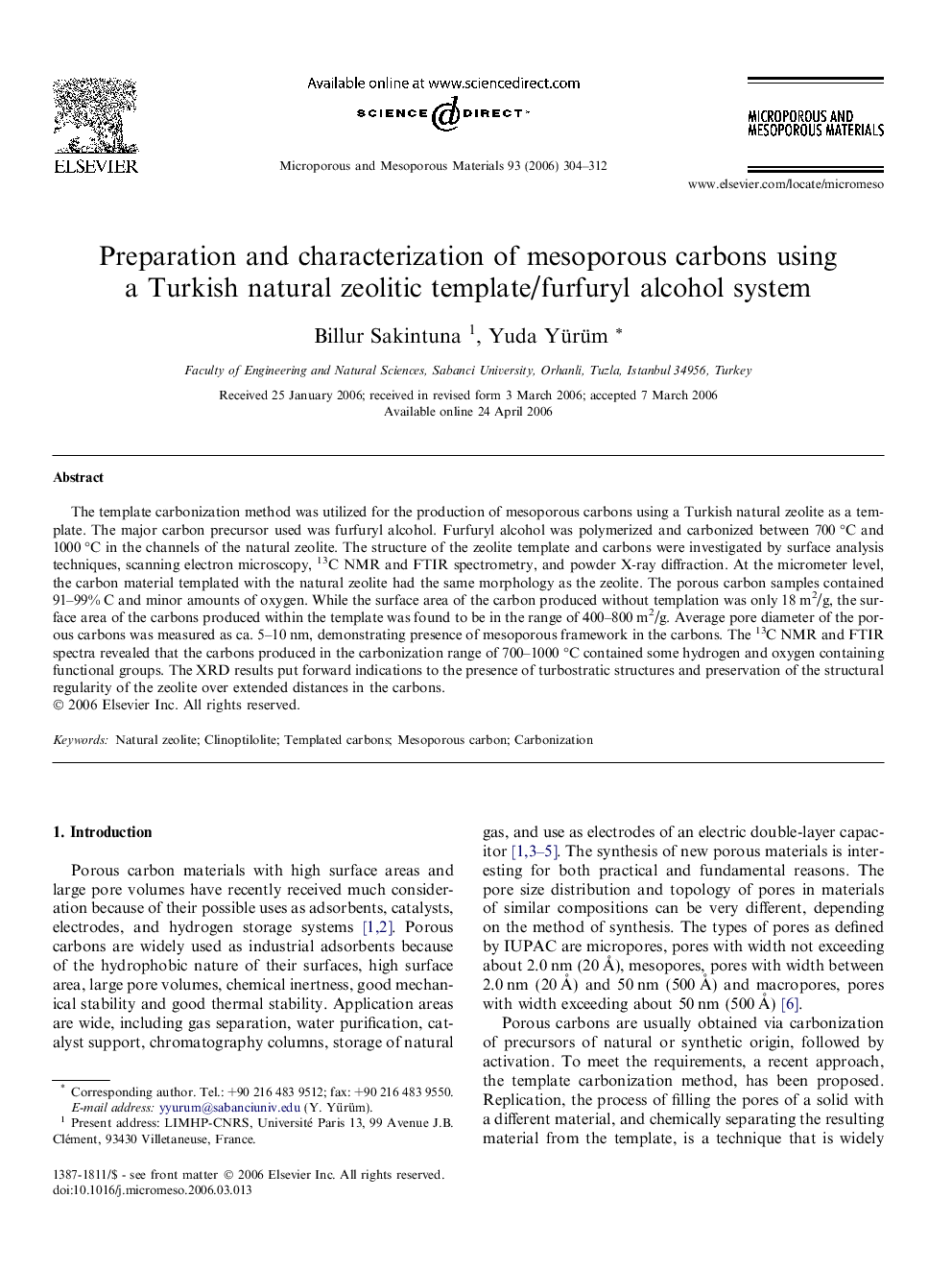 Preparation and characterization of mesoporous carbons using a Turkish natural zeolitic template/furfuryl alcohol system