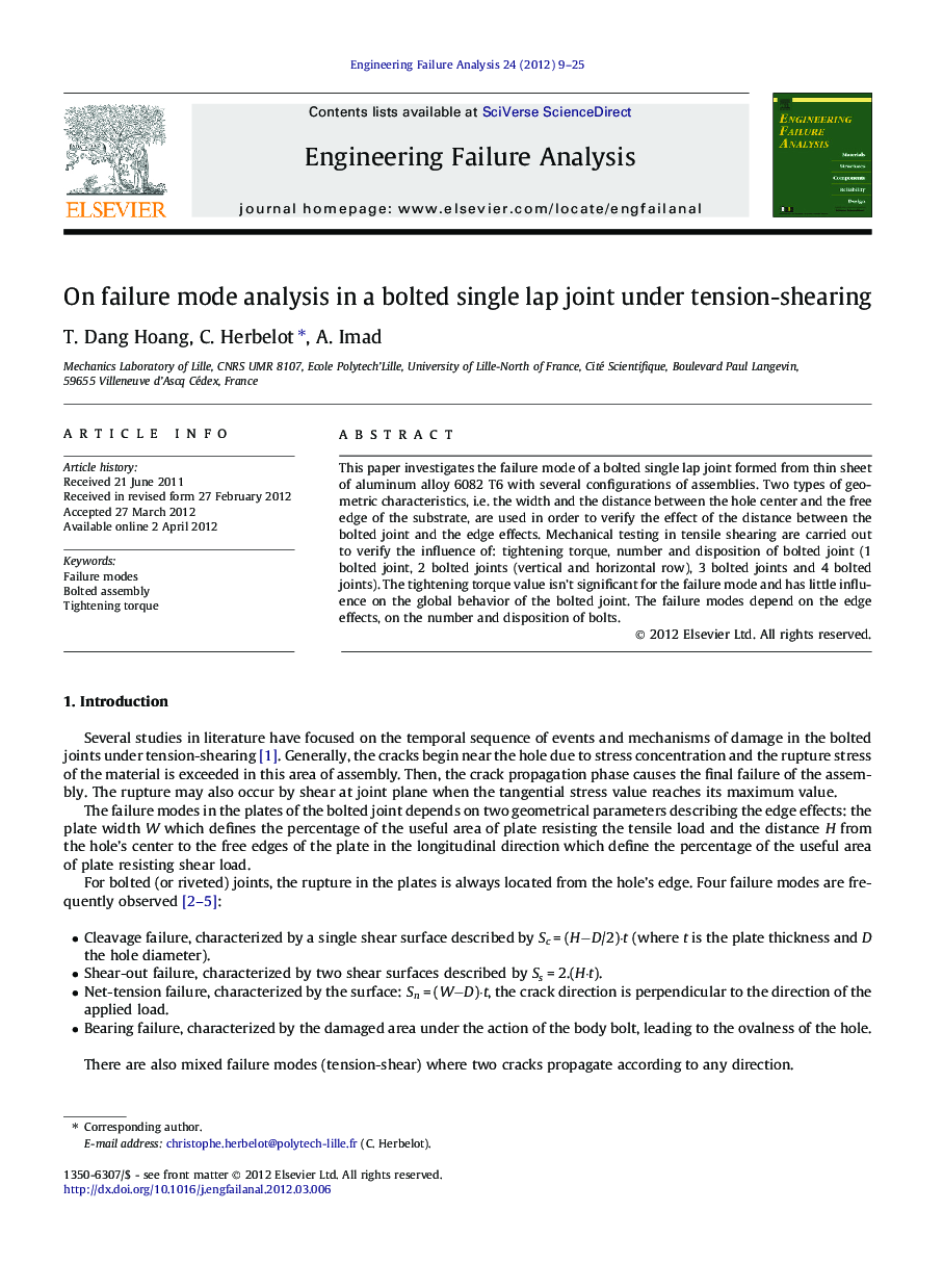 On failure mode analysis in a bolted single lap joint under tension-shearing