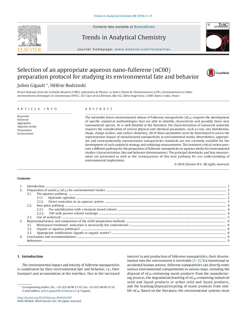 Selection of an appropriate aqueous nano-fullerene (nC60) preparation protocol for studying its environmental fate and behavior