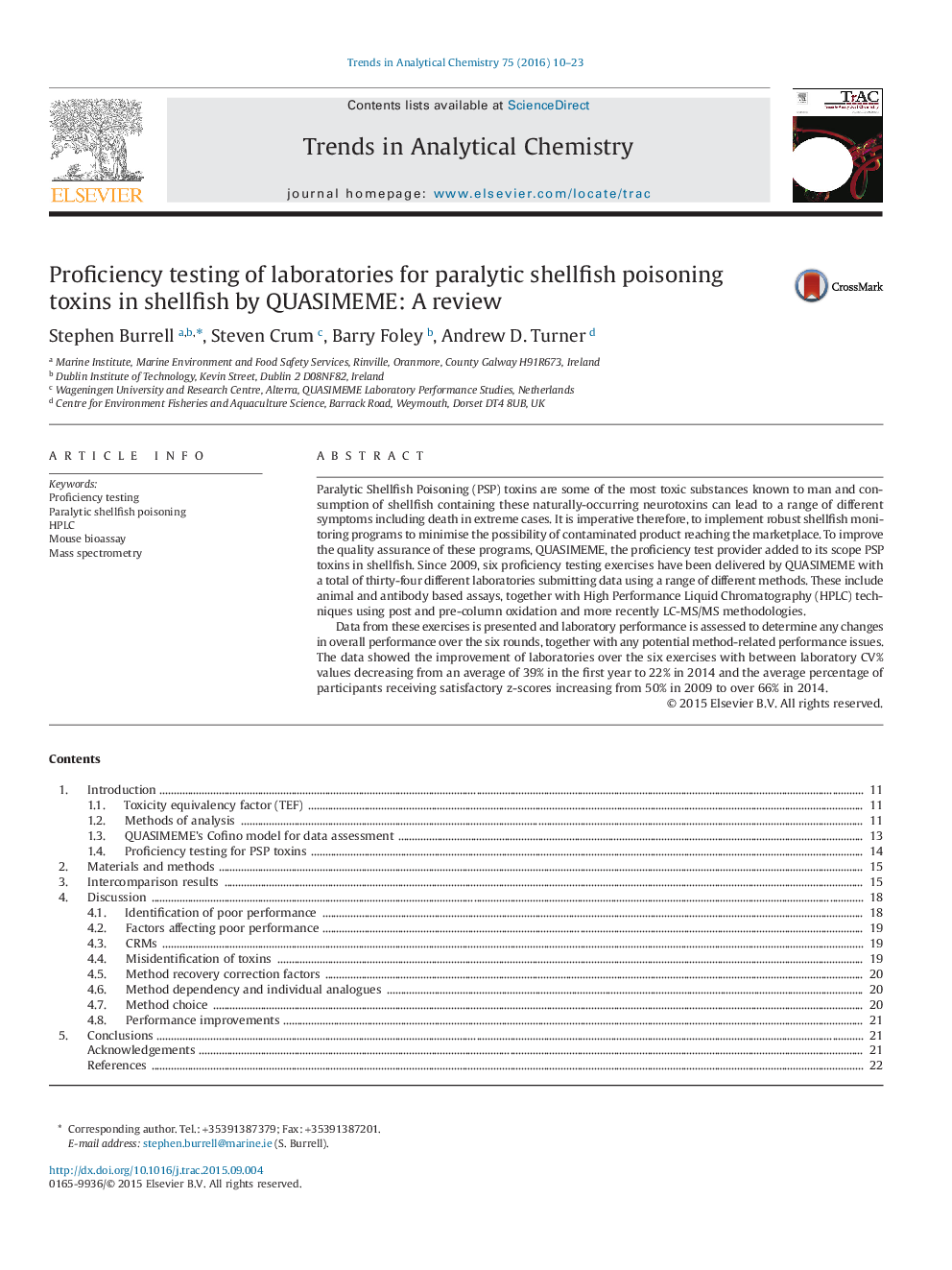 Proficiency testing of laboratories for paralytic shellfish poisoning toxins in shellfish by QUASIMEME: A review