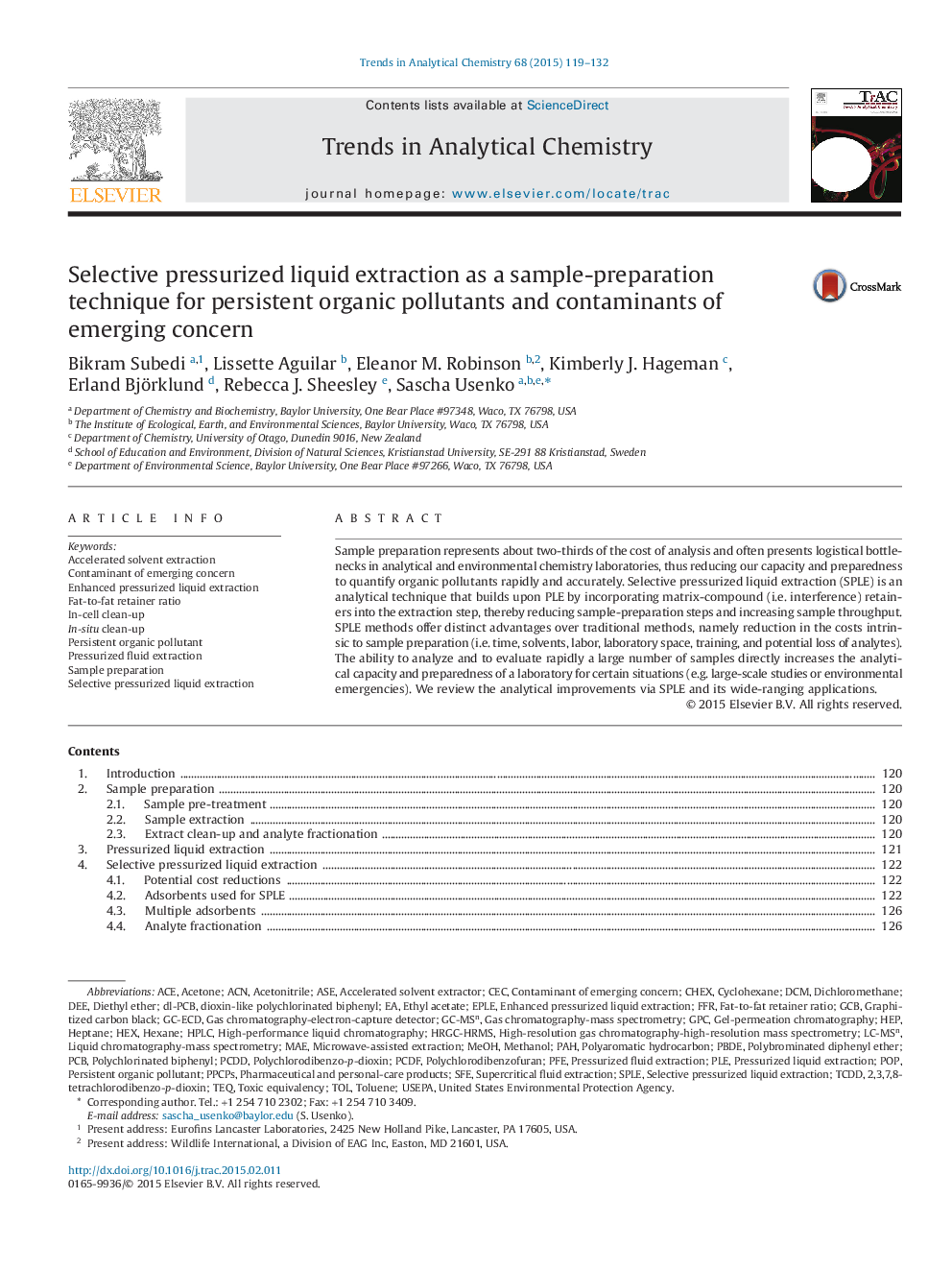 Selective pressurized liquid extraction as a sample-preparation technique for persistent organic pollutants and contaminants of emerging concern