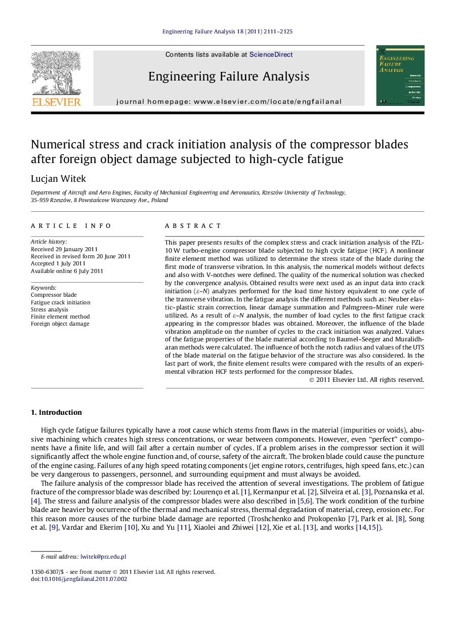 Numerical stress and crack initiation analysis of the compressor blades after foreign object damage subjected to high-cycle fatigue