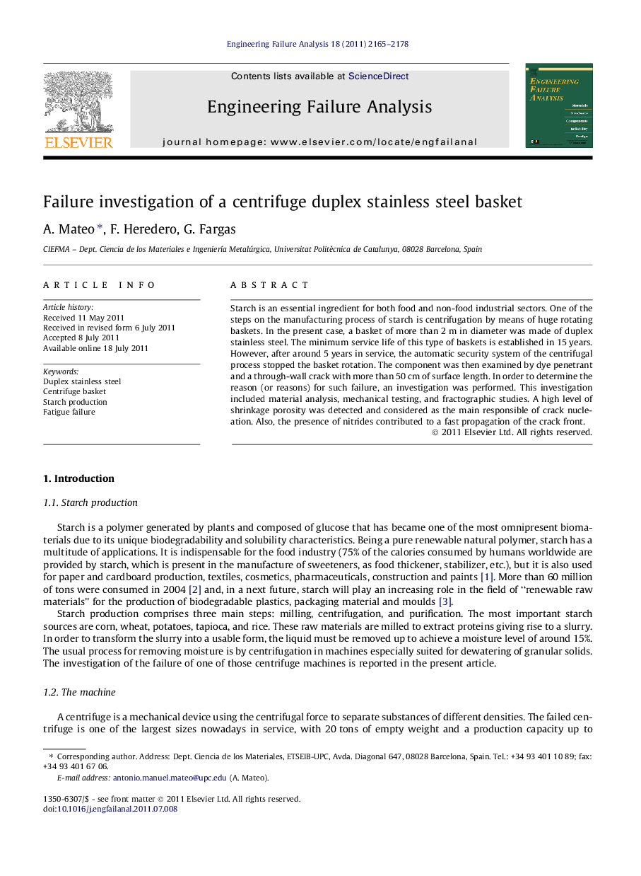 Failure investigation of a centrifuge duplex stainless steel basket