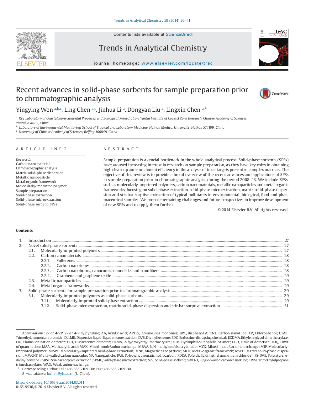 Recent advances in solid-phase sorbents for sample preparation prior to chromatographic analysis