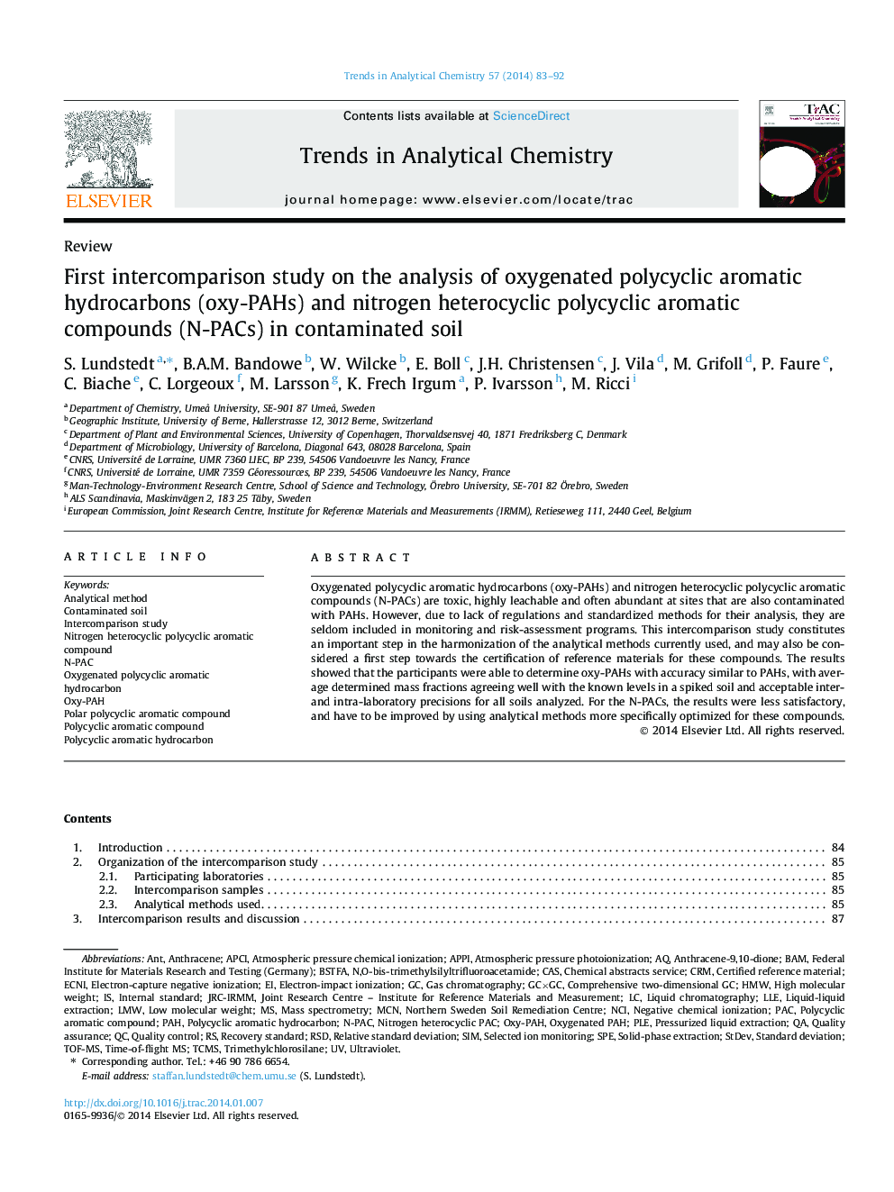 First intercomparison study on the analysis of oxygenated polycyclic aromatic hydrocarbons (oxy-PAHs) and nitrogen heterocyclic polycyclic aromatic compounds (N-PACs) in contaminated soil