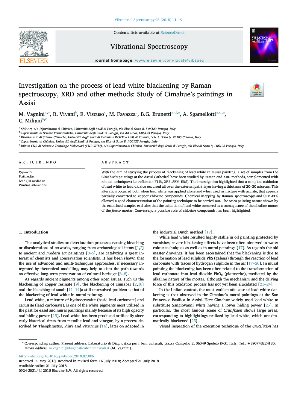 Investigation on the process of lead white blackening by Raman spectroscopy, XRD and other methods: Study of Cimabue's paintings in Assisi