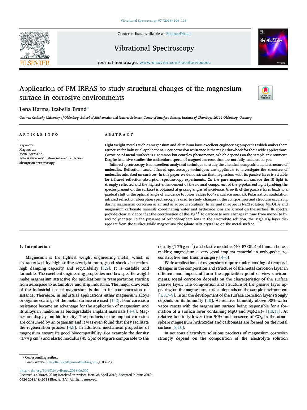 Application of PM IRRAS to study structural changes of the magnesium surface in corrosive environments