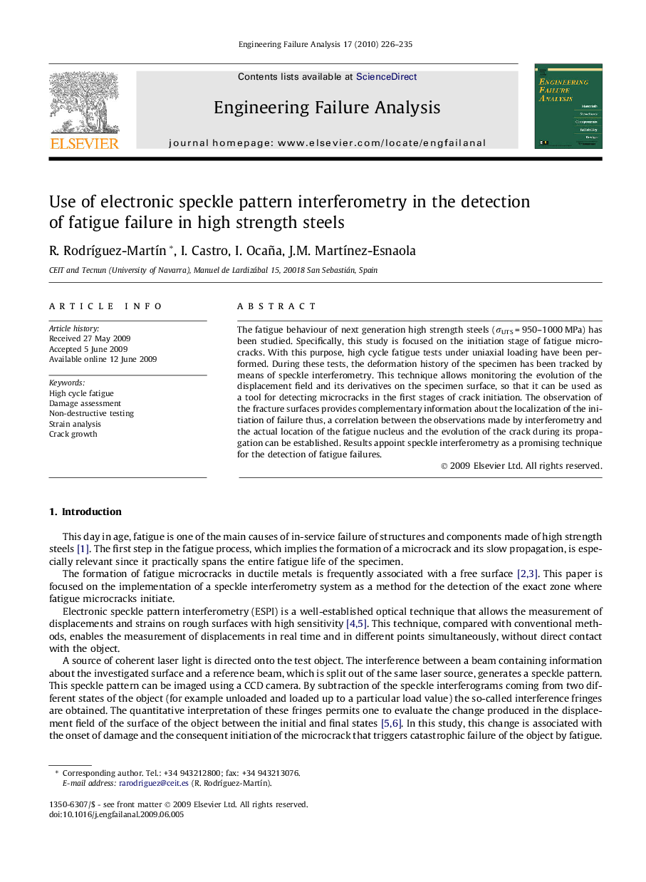 Use of electronic speckle pattern interferometry in the detection of fatigue failure in high strength steels