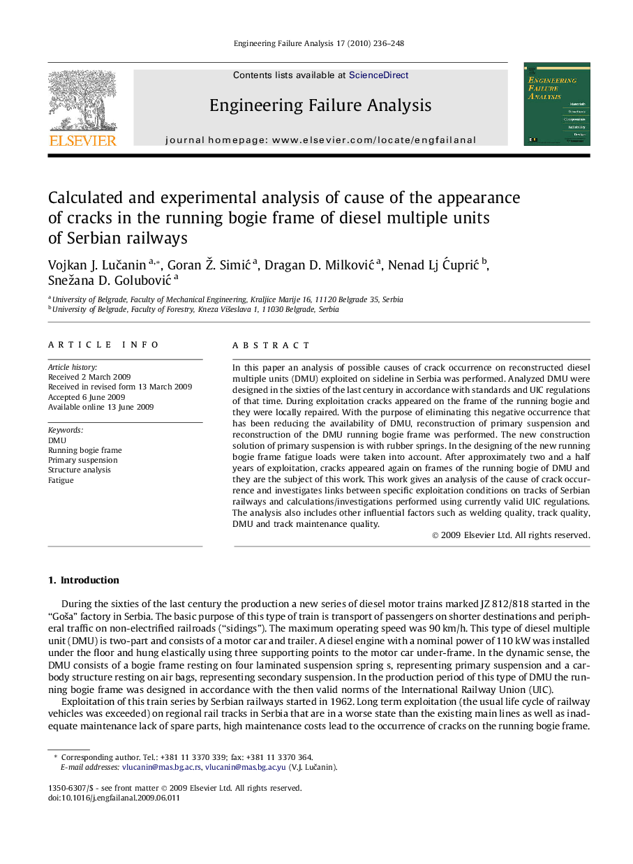 Calculated and experimental analysis of cause of the appearance of cracks in the running bogie frame of diesel multiple units of Serbian railways