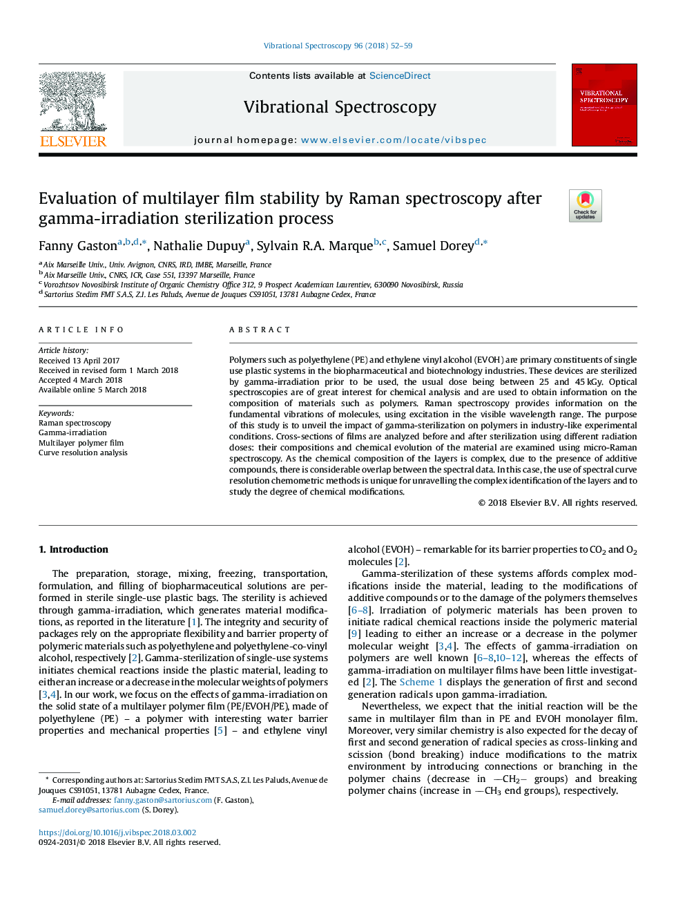 Evaluation of multilayer film stability by Raman spectroscopy after gamma-irradiation sterilization process