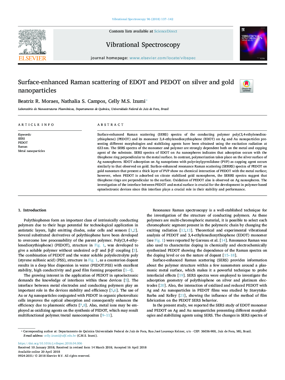 Surface-enhanced Raman scattering of EDOT and PEDOT on silver and gold nanoparticles