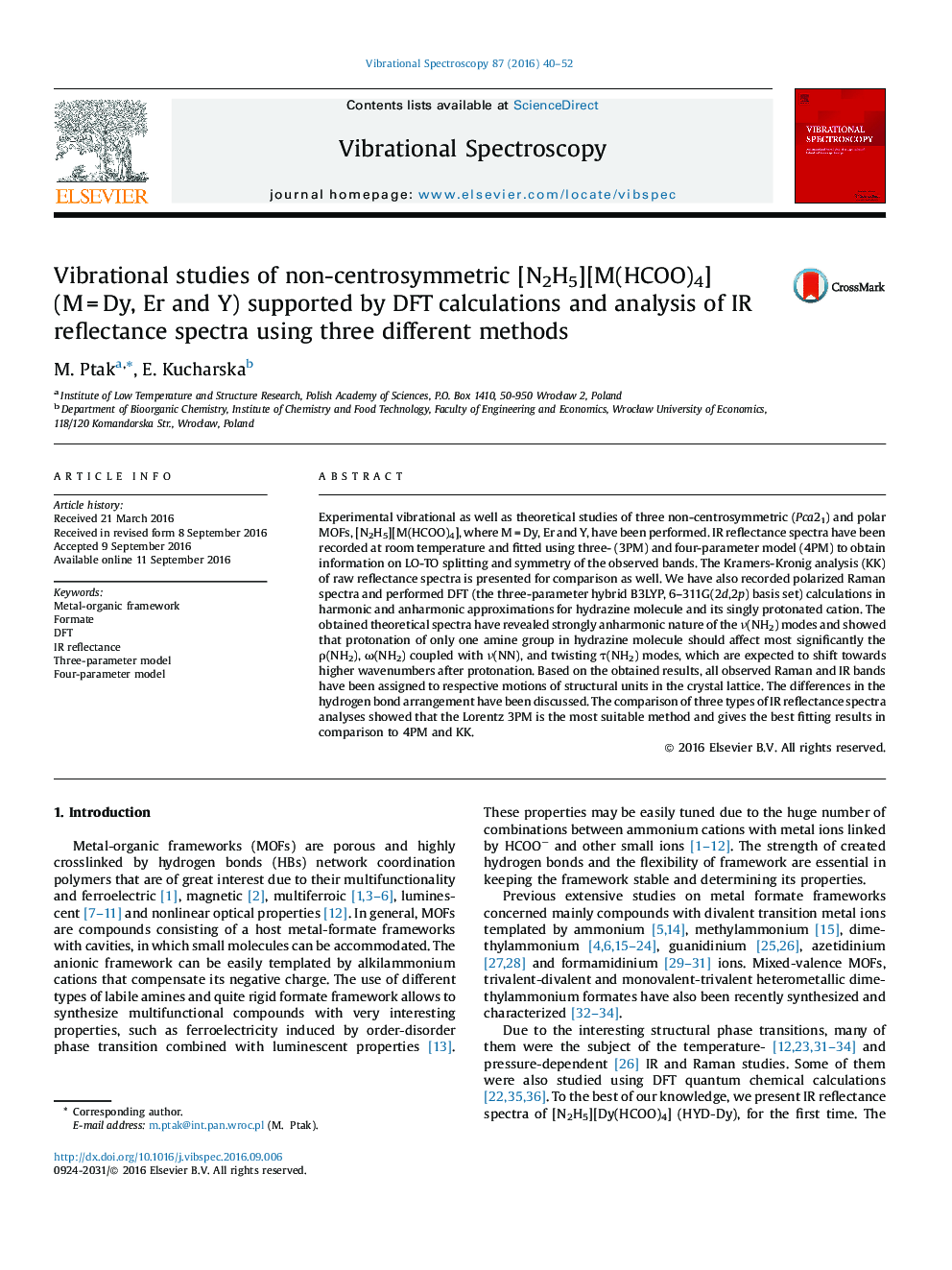 Vibrational studies of non-centrosymmetric [N2H5][M(HCOO)4] (MÂ =Â Dy, Er and Y) supported by DFT calculations and analysis of IR reflectance spectra using three different methods