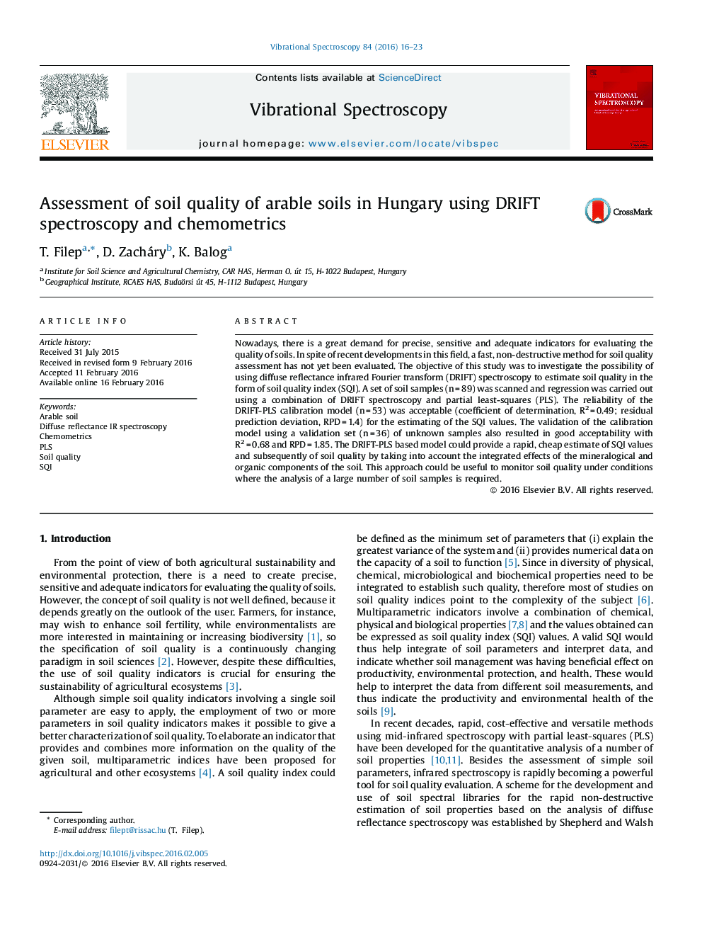 Assessment of soil quality of arable soils in Hungary using DRIFT spectroscopy and chemometrics