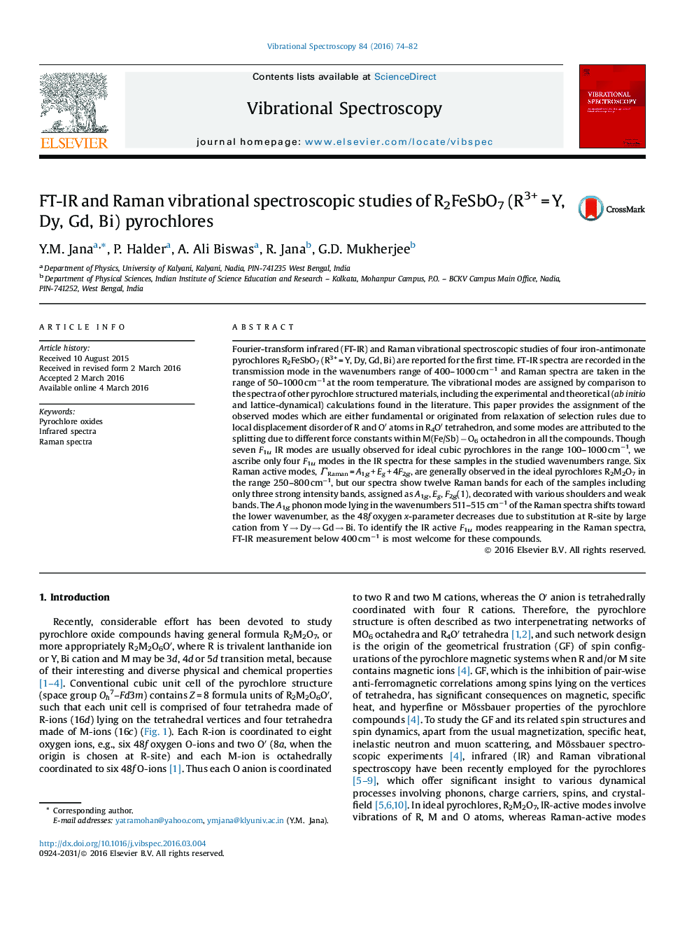 FT-IR and Raman vibrational spectroscopic studies of R2FeSbO7 (R3+Â =Â Y, Dy, Gd, Bi) pyrochlores