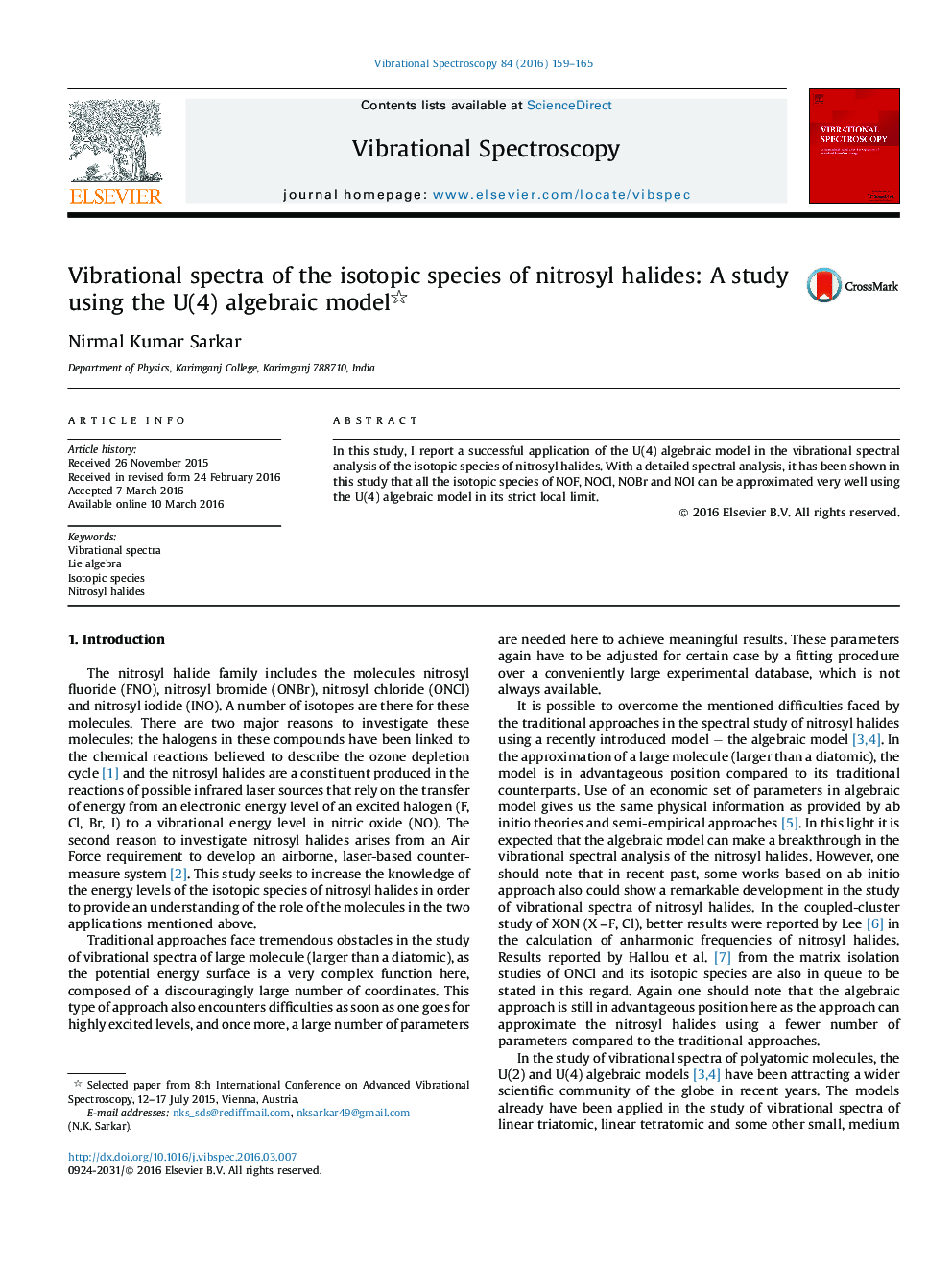 Vibrational spectra of the isotopic species of nitrosyl halides: A study using the U(4) algebraic model