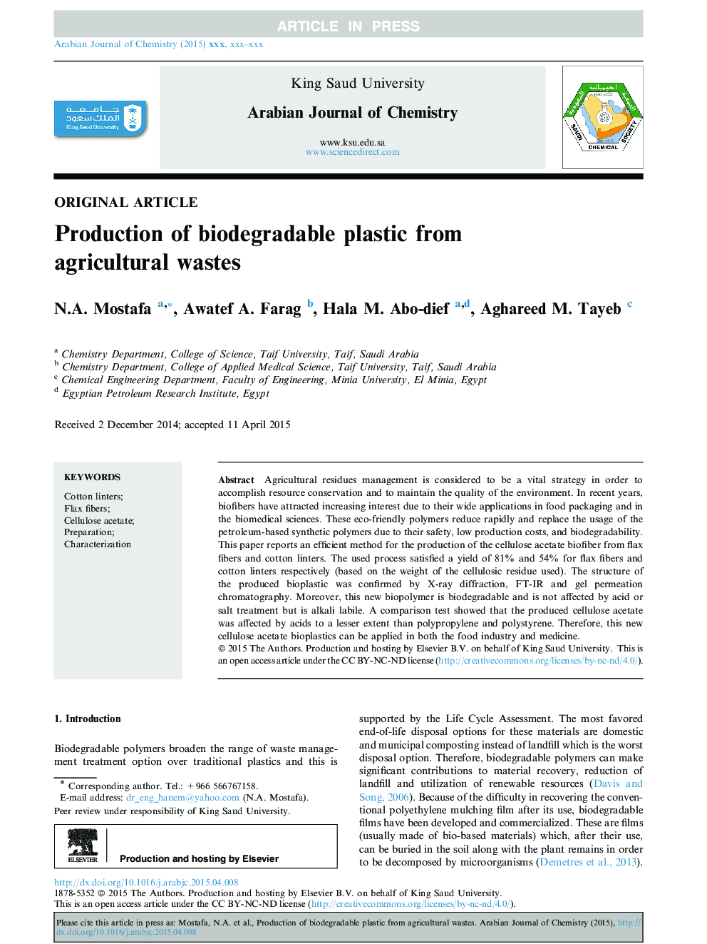 Production of biodegradable plastic from agricultural wastes