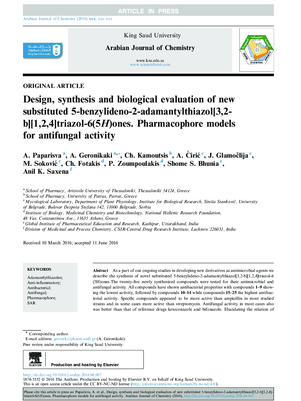 Design, synthesis and biological evaluation of new substituted 5-benzylideno-2-adamantylthiazol[3,2-b][1,2,4]triazol-6(5H)ones. Pharmacophore models for antifungal activity