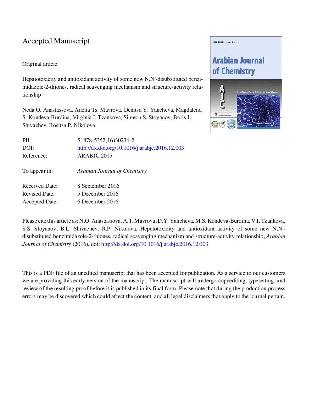 Hepatotoxicity and antioxidant activity of some new N,Nâ²-disubstituted benzimidazole-2-thiones, radical scavenging mechanism and structure-activity relationship