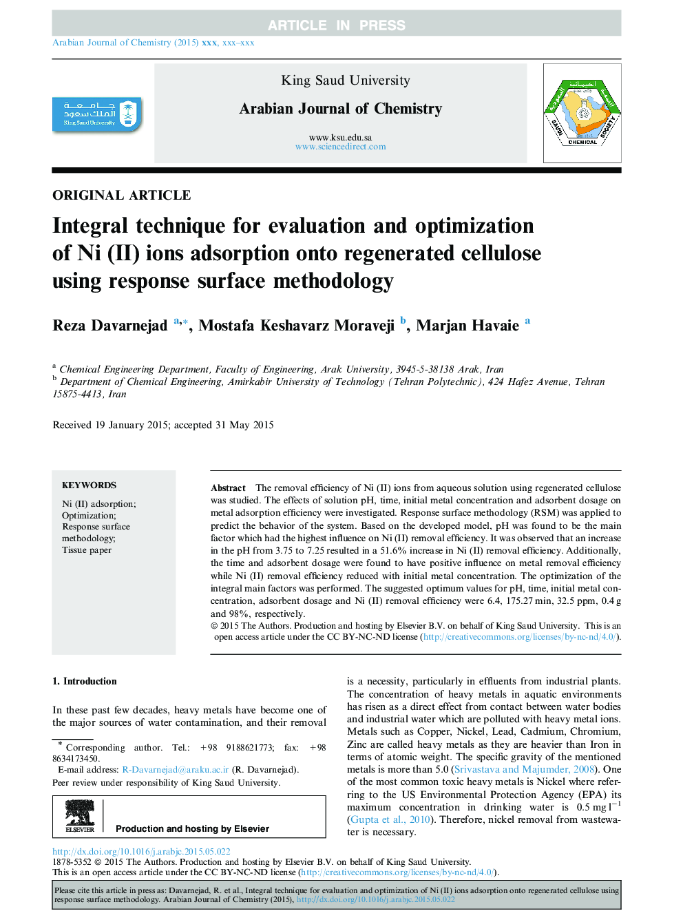 Integral technique for evaluation and optimization of Ni (II) ions adsorption onto regenerated cellulose using response surface methodology