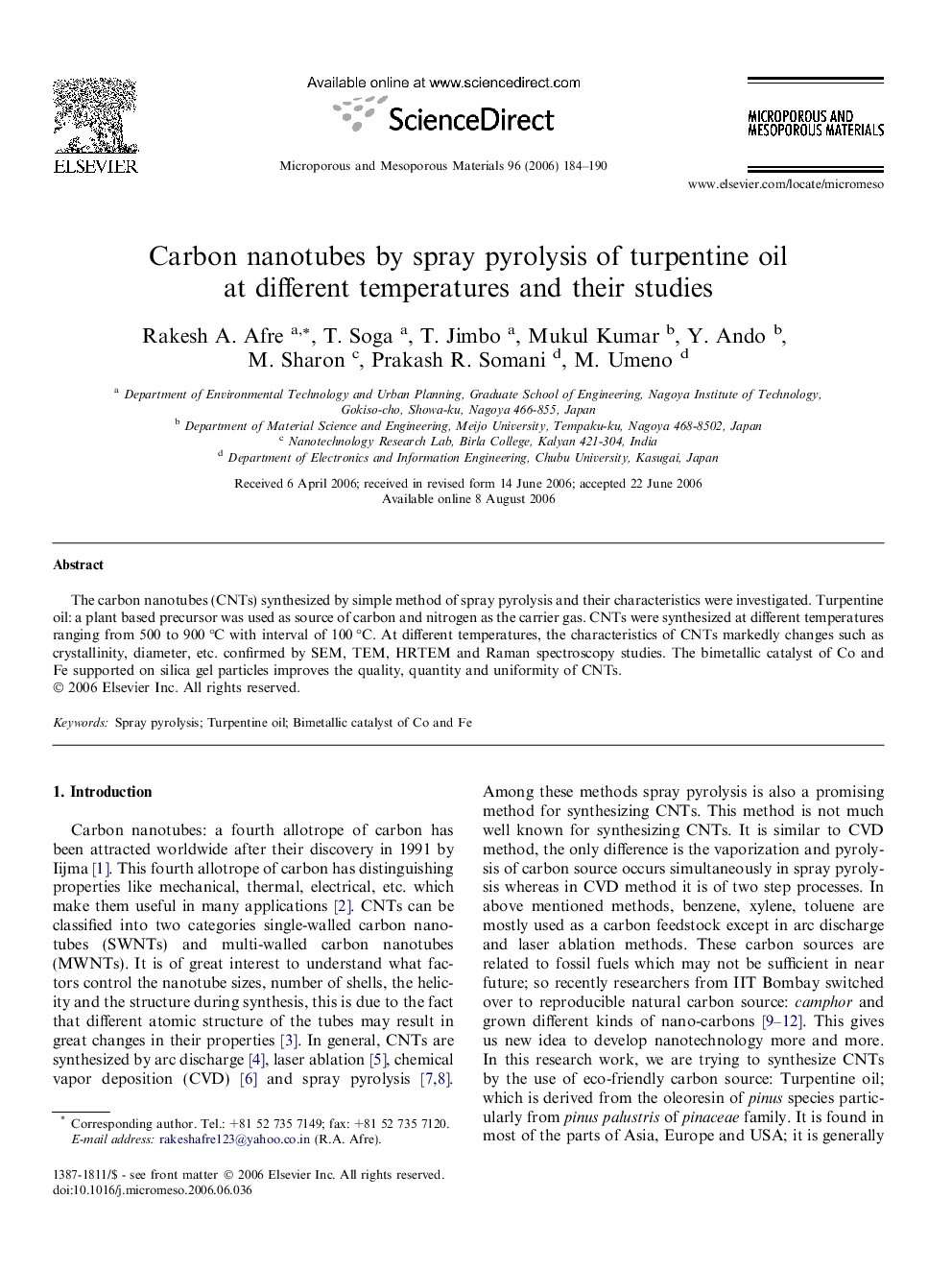 Carbon nanotubes by spray pyrolysis of turpentine oil at different temperatures and their studies