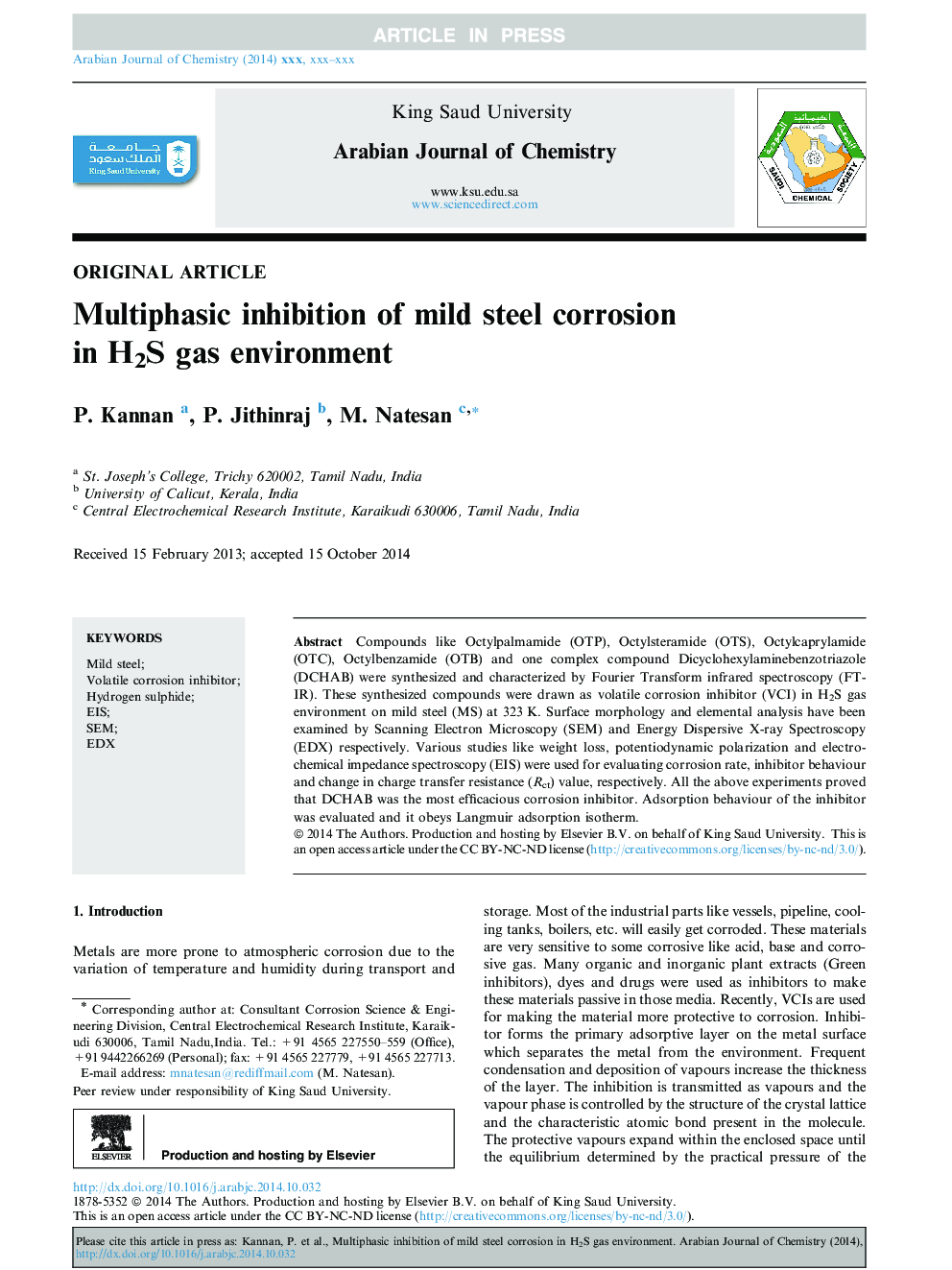 Multiphasic inhibition of mild steel corrosion in H2S gas environment