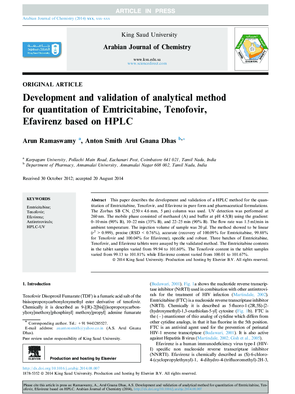 Development and validation of analytical method for quantitation of Emtricitabine, Tenofovir, Efavirenz based on HPLC