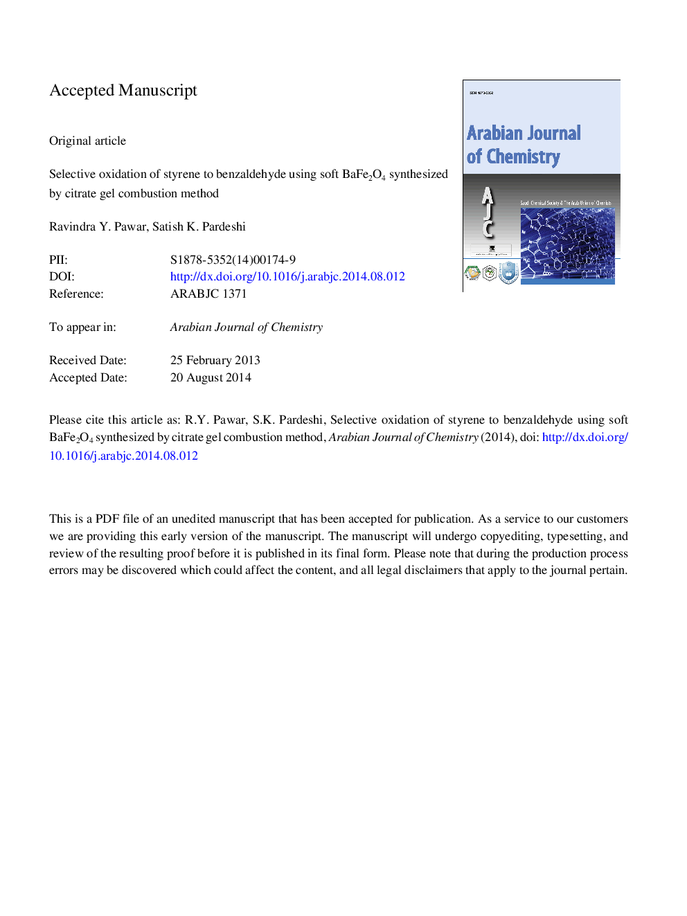 Selective oxidation of styrene to benzaldehyde using soft BaFe2O4 synthesized by citrate gel combustion method