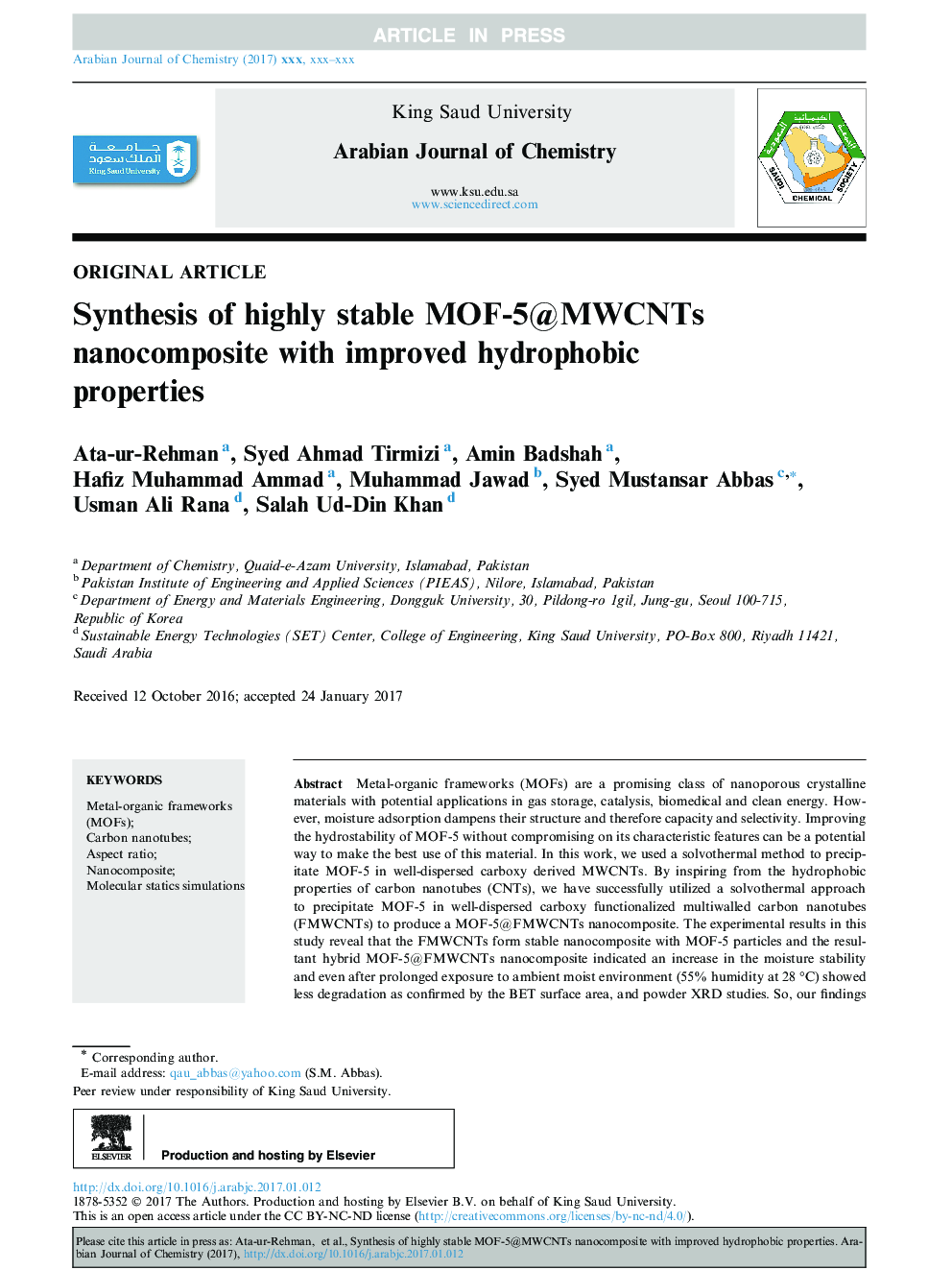 Synthesis of highly stable MOF-5@MWCNTs nanocomposite with improved hydrophobic properties