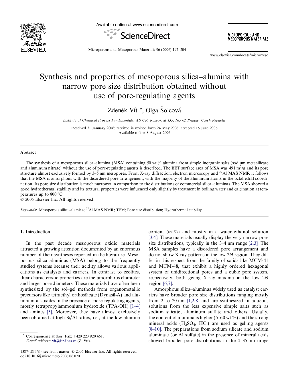 عکس صفحه اول مقاله: Synthesis and properties of mesoporous silica–alumina with narrow pore size distribution obtained without use of pore-regulating agents Synthesis and properties of mesoporous silica–alumina with narrow pore size distribution obtained without use of pore-regulating agents