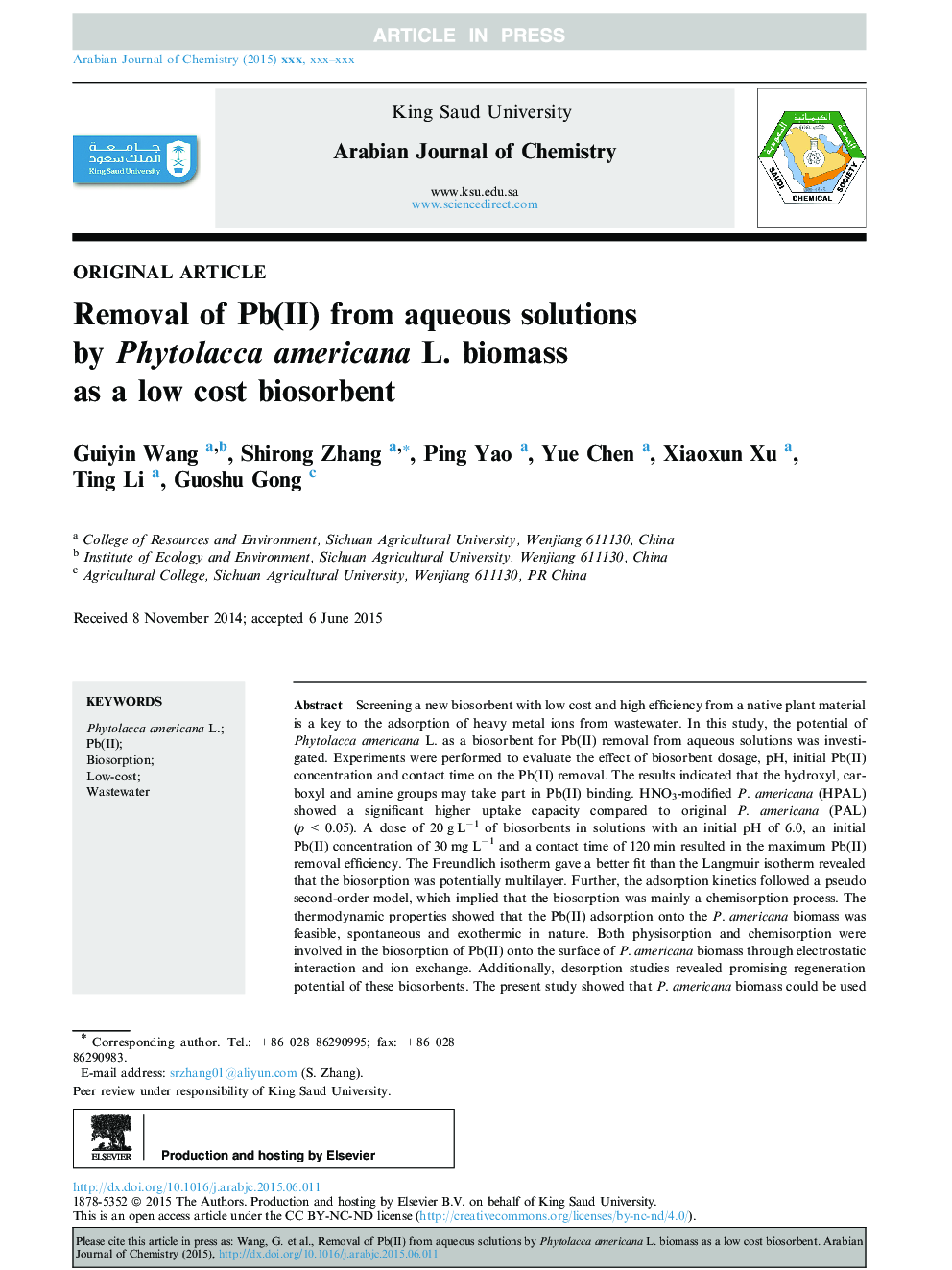 Removal of Pb(II) from aqueous solutions by Phytolacca americana L. biomass as a low cost biosorbent